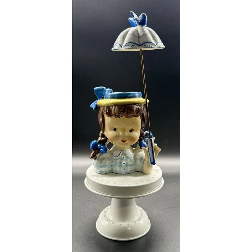 Vintage Napco 1950s Ceramic Girl Head Planter with Pigtails and Umbrella JAPAN